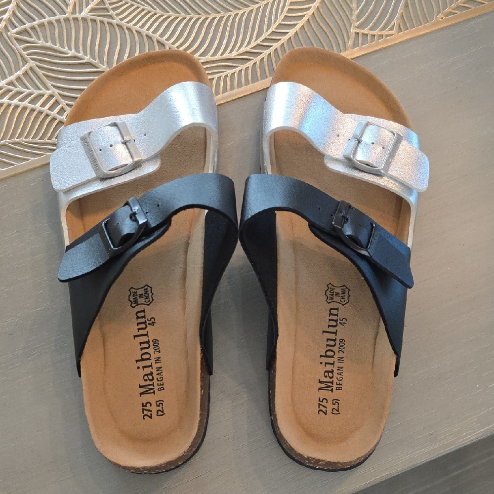 Silver and Black Double Strap Sandals